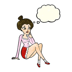 cartoon attractive woman sitting thinking with thought bubble