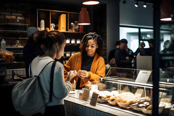 A barista engaging with customers at the counter, taking orders and providing personalized recommendations based on individual taste preferences. Generative AI