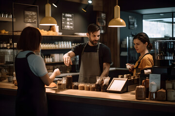 A barista engaging with customers at the counter, taking orders and providing personalized recommendations based on individual taste preferences. Generative AI