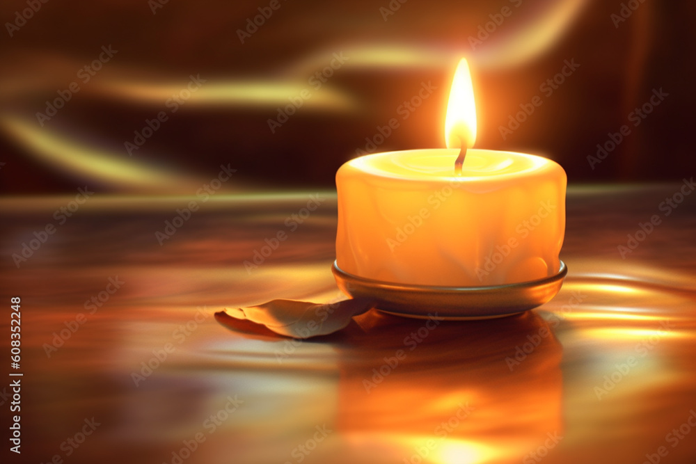 Poster a digital painting of a candle flame casting a soft glow on a tranquil scene, invoking feelings of s