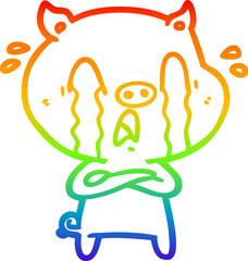 rainbow gradient line drawing of a crying pig cartoon