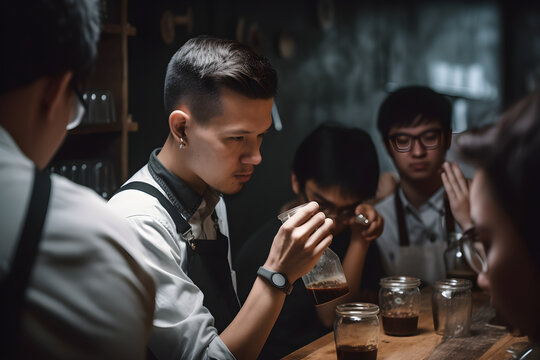 A barista passionately sharing their coffee knowledge and expertise, conducting a workshop or demonstration to educate others about the art of coffee. Generative AI