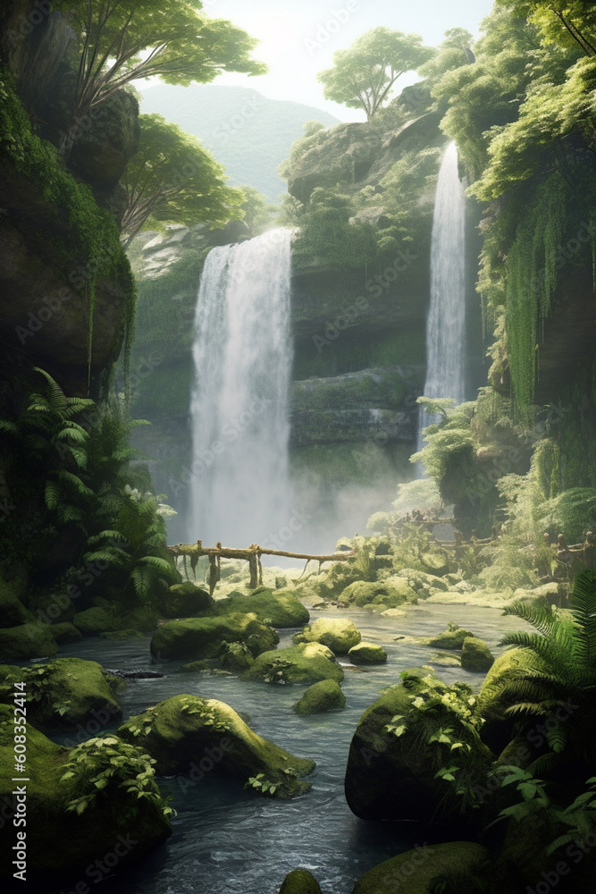 Poster A tranquil image of a misty waterfall surrounded by lush green vegetation, creating an atmosphere of serenity and natural beauty.  Generative AI technology.