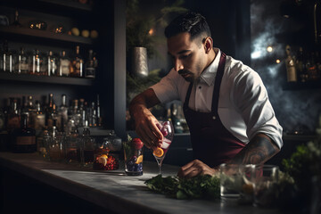 A bartender crafting non-alcoholic mocktails, catering to customers who prefer alcohol-free alternatives while still delivering exceptional taste and presentation. Generative AI