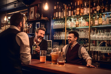A bartender and his clients having a good time in a pub. Generative AI