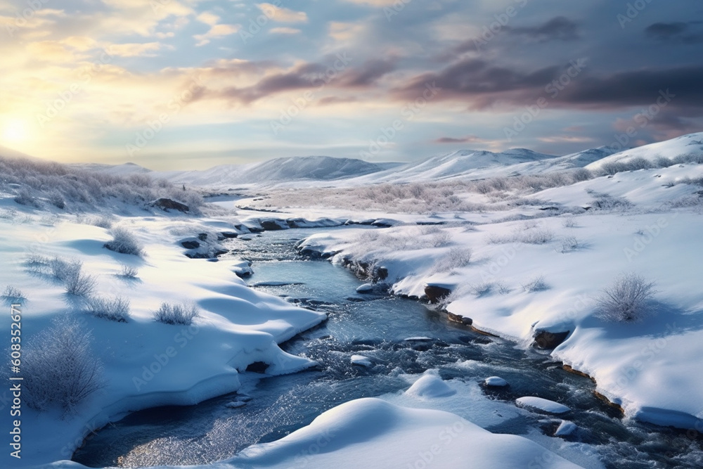 Poster a frozen river winding its way through a snowy landscape, portraying the stillness and tranquility o