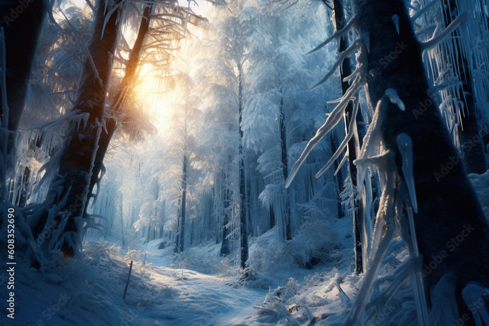 Poster a frozen forest, with branches adorned with icicles and a soft glow of sunlight filtering through th
