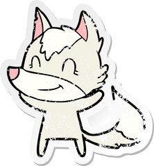 distressed sticker of a friendly cartoon wolf