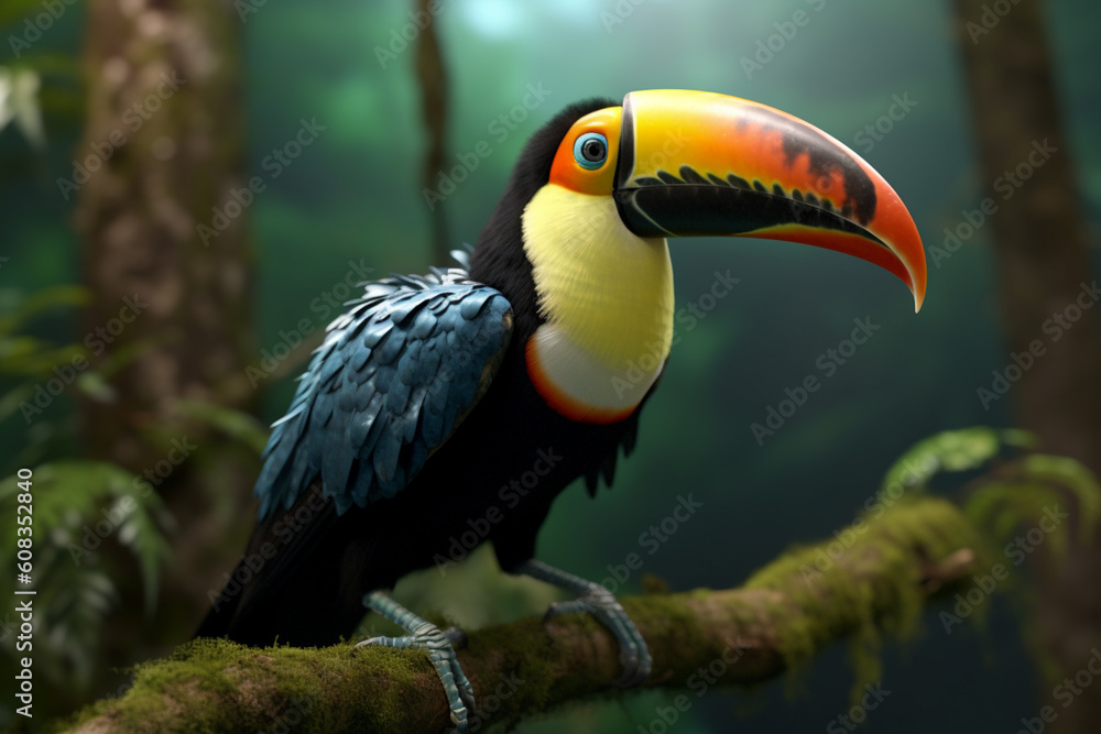 Poster A close-up shot of a colorful toucan perched on a branch, with its vibrant feathers and distinctive beak stealing the spotlight. Generative AI technology.