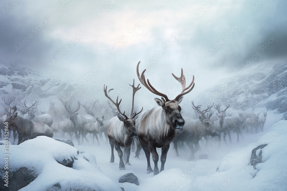 Aufkleber showcasing a frozen herd of caribou in the Arctic tundra, capturing their movement and unity in the midst of a frozen landscape.  Generative AI technology.