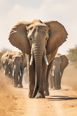 Fototapeta na wymiar a group of elephants walking in a line across the African plains, highlighting their strong social bonds and family dynamics. Generative AI technology.