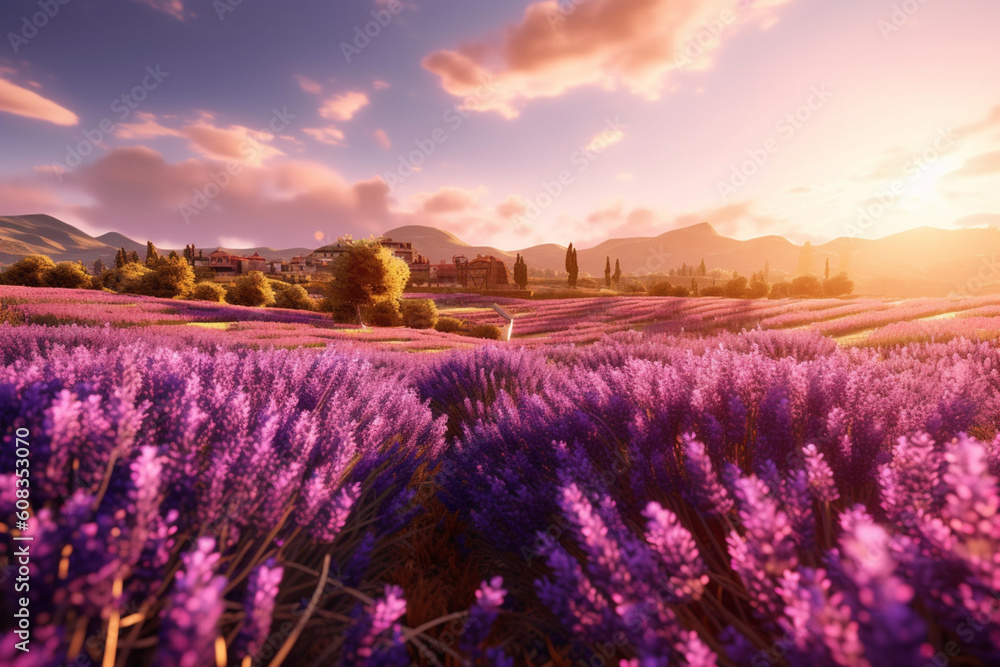 Aufkleber a field of lavender bathed in golden sunlight, creating a serene and peaceful ambiance. generative a