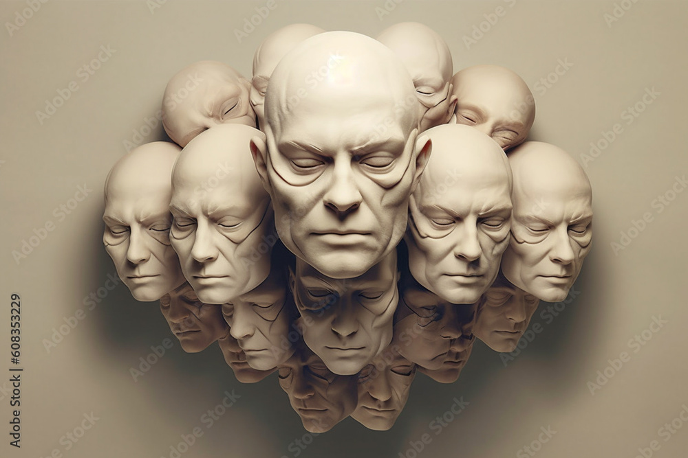Poster A surreal depiction of a person with multiple faces or body parts, symbolizing the complexity and multifaceted nature of human identity Generative AI technology.