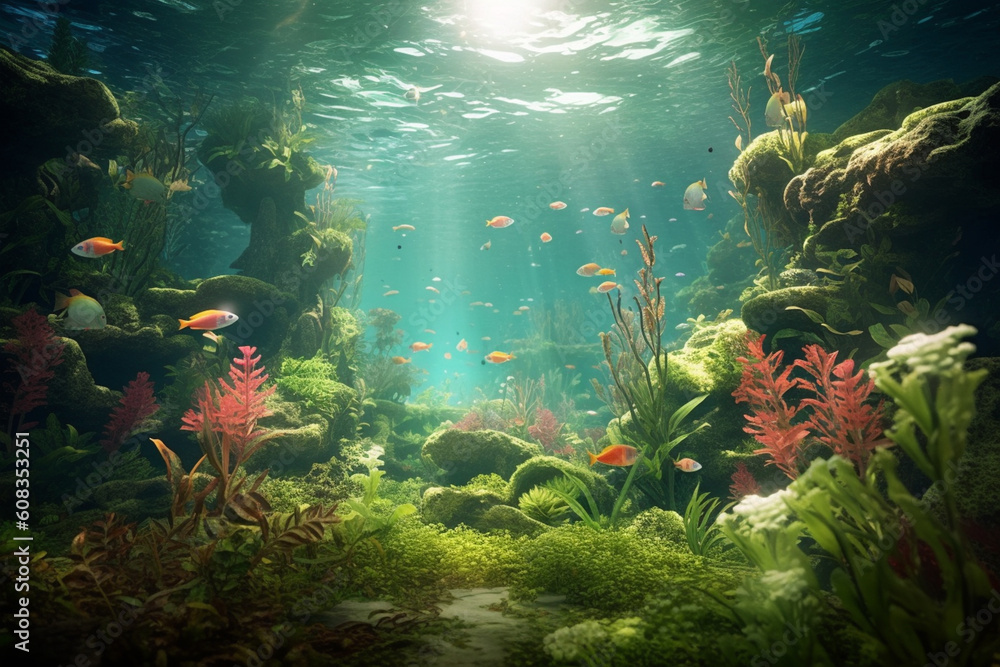 Poster a surreal underwater scene with floating fish and plants, creating a serene and otherworldly ambianc