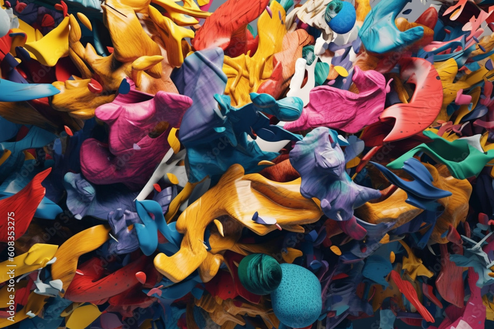 Fototapete an abstract painting depicting a chaotic and fragmented world, with disjointed shapes and vivid colo