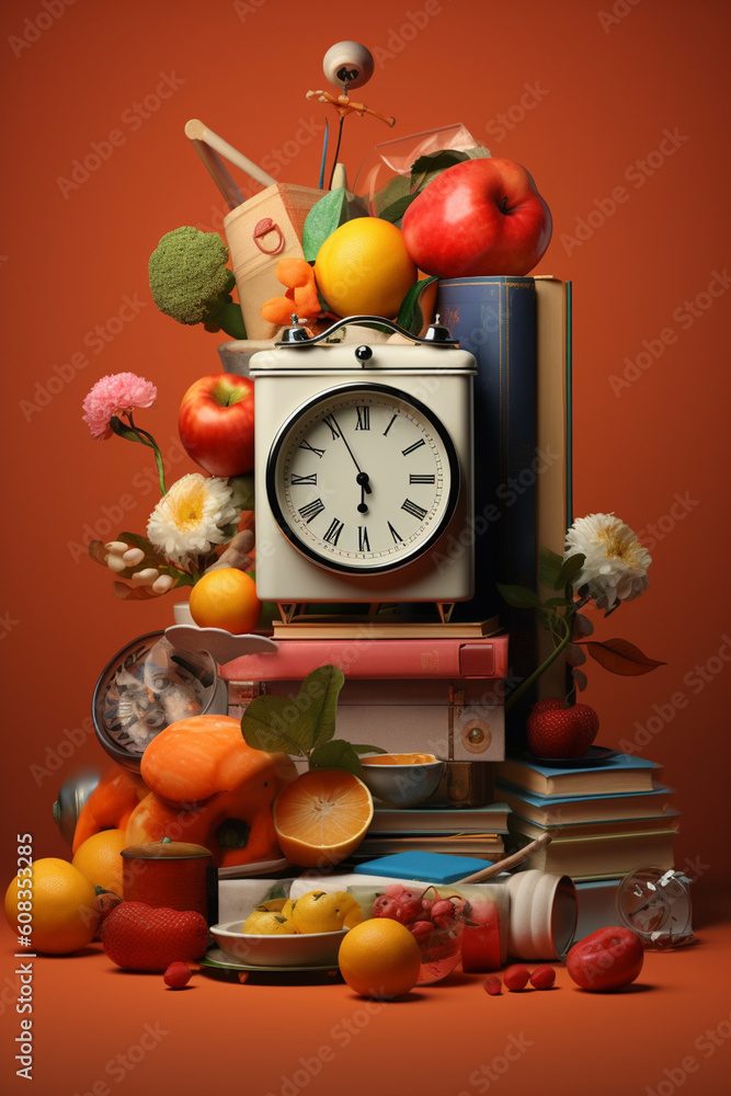 Poster a surreal still life composition featuring everyday objects with unexpected proportions or arrangeme