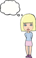 cartoon serious girl with thought bubble