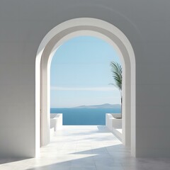 minimalistic arch gate view to a paradise vacation. Created with generative AI technology.