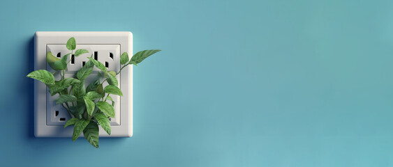 plants coming out of the electrical outlet. concept of natural energy, renewable energy or energy saving. Created with generative AI technology.