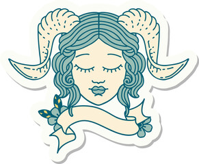 sticker of a tiefling character face with scroll banner