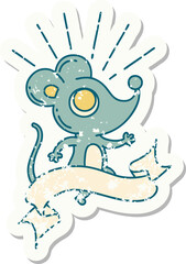 worn old sticker of a tattoo style mouse character