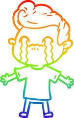 rainbow gradient line drawing of a cartoon man crying