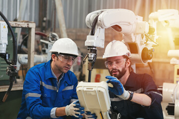 Team of male engineer worker control automatic robotic arm in factory. Male technician worker...