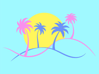 Palm trees on a wavy landscape in a linear style. Summer tropical landscape in a minimalist style. Design for printing t-shirt and banner. Vector illustration