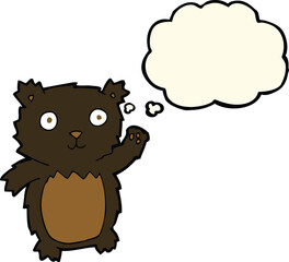 cartoon waving black bear cub with thought bubble