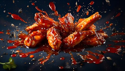 Grilled chicken wings with sauce exploding behind