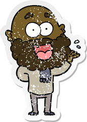 distressed sticker of a cartoon crazy happy man with beard amazed