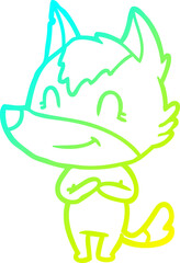 cold gradient line drawing of a friendly cartoon wolf