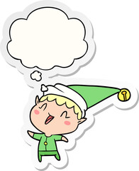 cartoon happy christmas elf with thought bubble as a printed sticker