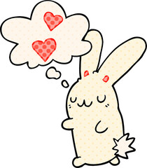 cartoon rabbit in love with thought bubble in comic book style