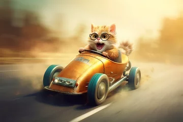 Raamstickers cute cat is driving a car generative AI © Bombcyclone