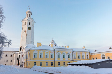 Evfimievskaya bell tower on a winter day, Veliky Novgorod, Russia