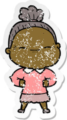 distressed sticker of a cartoon peaceful old woman
