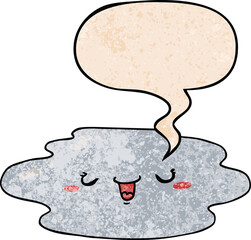 cartoon puddle with face with speech bubble in retro texture style