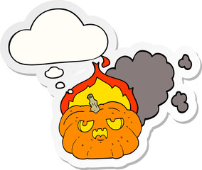 cartoon flaming halloween pumpkin with thought bubble as a printed sticker