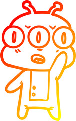 warm gradient line drawing of a cartoon three eyed alien waving
