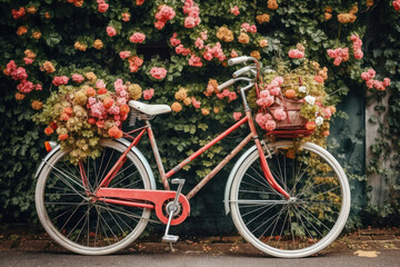 Fototapeta na wymiar Classic vintage garden bicycle filled with flower, created with Generative AI Technology