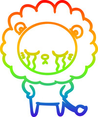 rainbow gradient line drawing of a crying cartoon lion