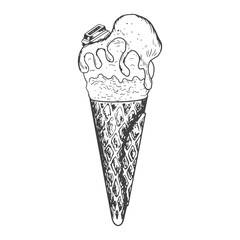 Ice cream sketch. Ice cream in waffle cone with caramel topping and piece of chocolate isolated on white background. Frozen dessert. Black and white gelato drawing with hatching.