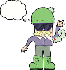 cartoon man smoking pot with thought bubble