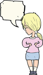 cartoon shy woman with speech bubble