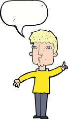 cartoon man raising point with speech bubble
