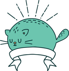 scroll banner with tattoo style happy cat
