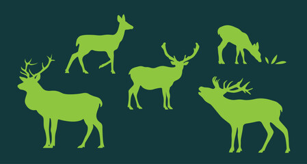 Deer set in vector. Isolated deer silhouettes in flat style.