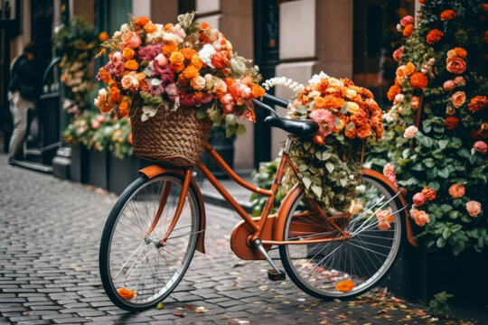 Classic vintage garden bicycle filled with flower, created with Generative AI Technology