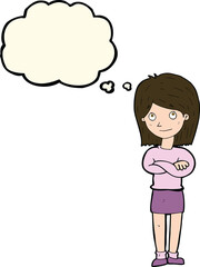 cartoon friendly girl rolling eyes with thought bubble